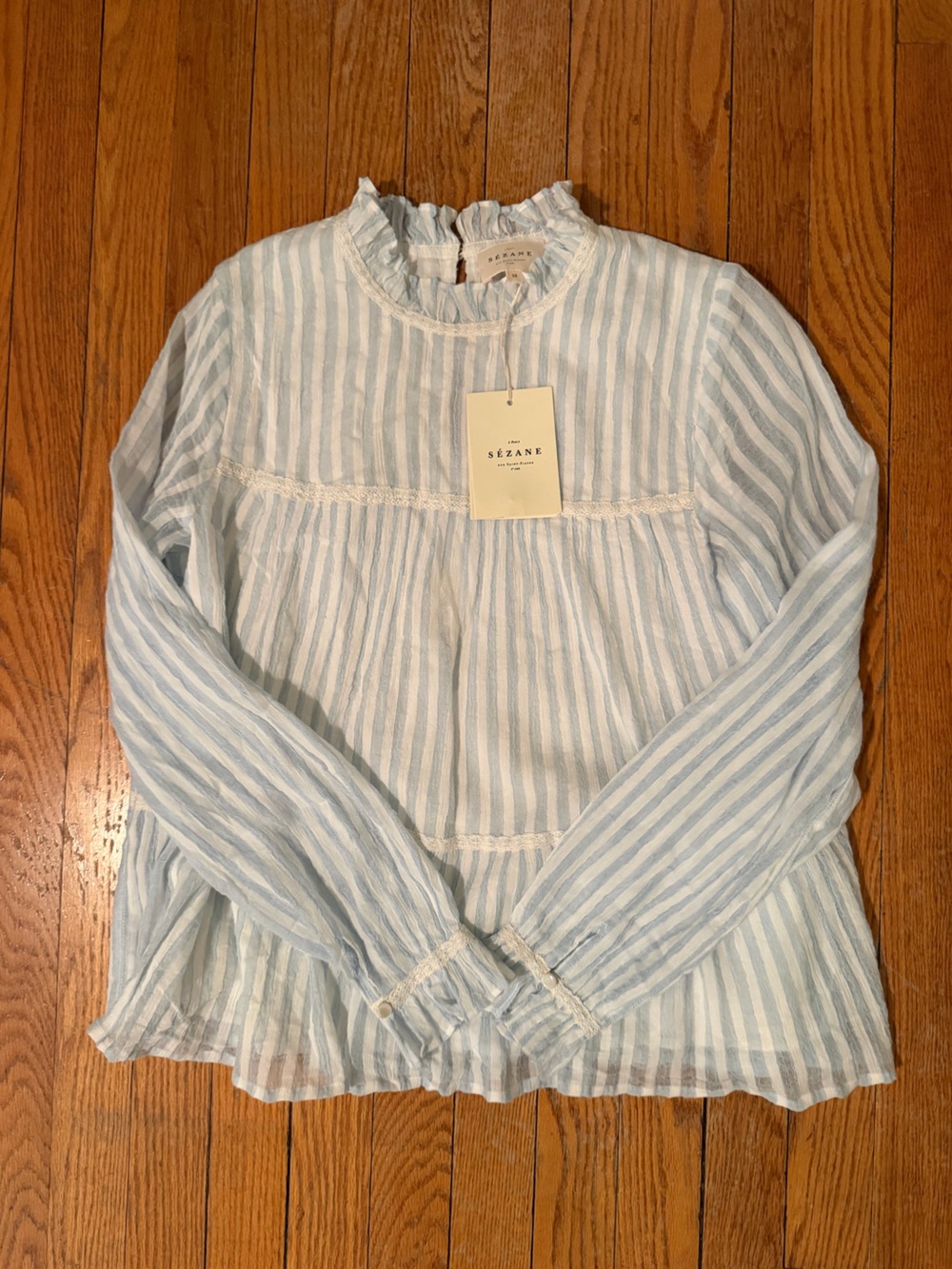 NWT Sezane Light Blue and White Striped Blouse